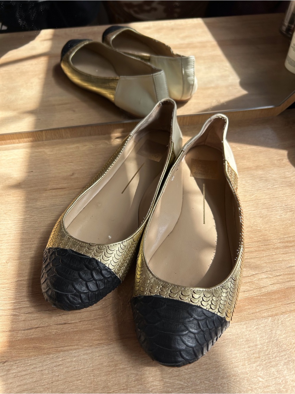 Dolce Vita Gold and Black Textured Cap-Toe Ballet Flats - Picture 2 of 6